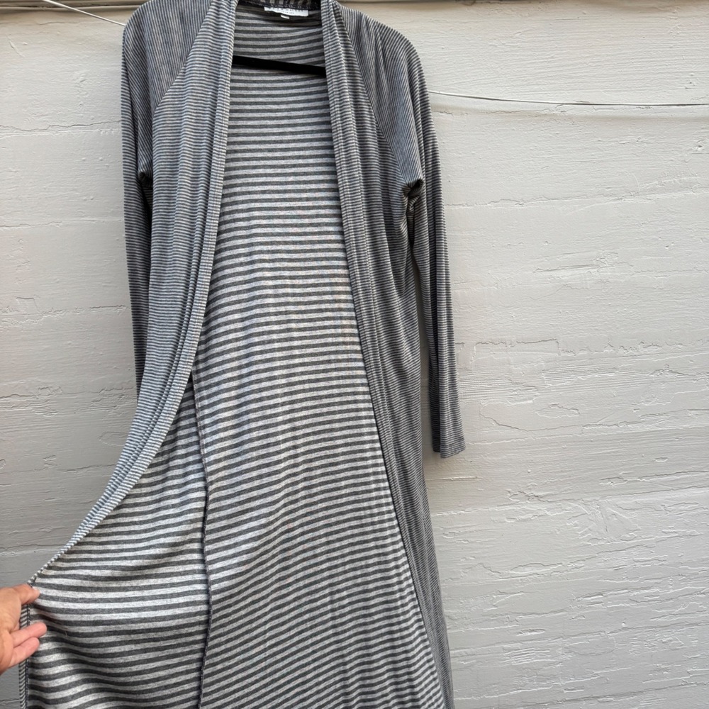 Bryn Walker Duster Cardigan S Grey Striped Maxi Open Front Lagenlook Made in USA